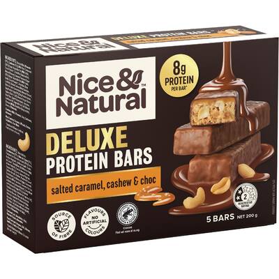 nice & natural deluxe protein bars salted caramel cashew & choc