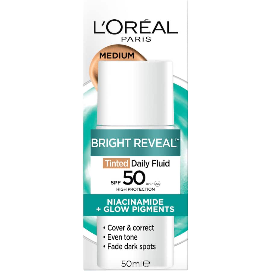L'oreal Bright Reveal Face Moisturiser Tinted Spf 50 Fluid Medium