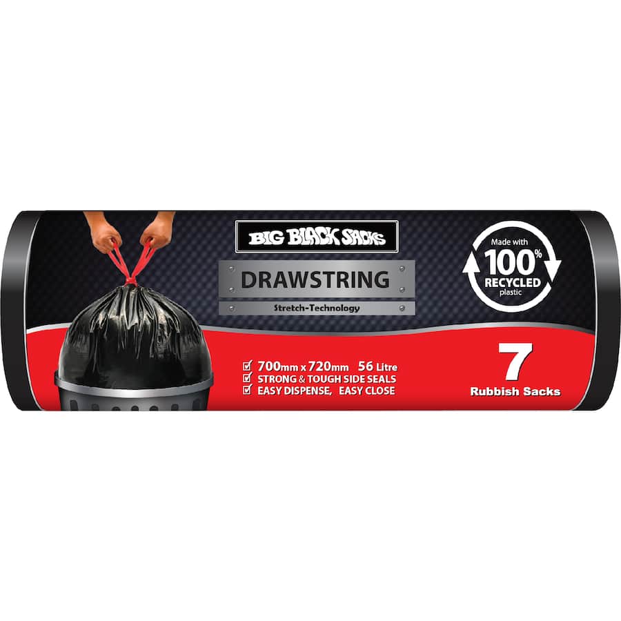 Big Black Sacks Rubbish Bags 100% Recycled Drawstring 56L