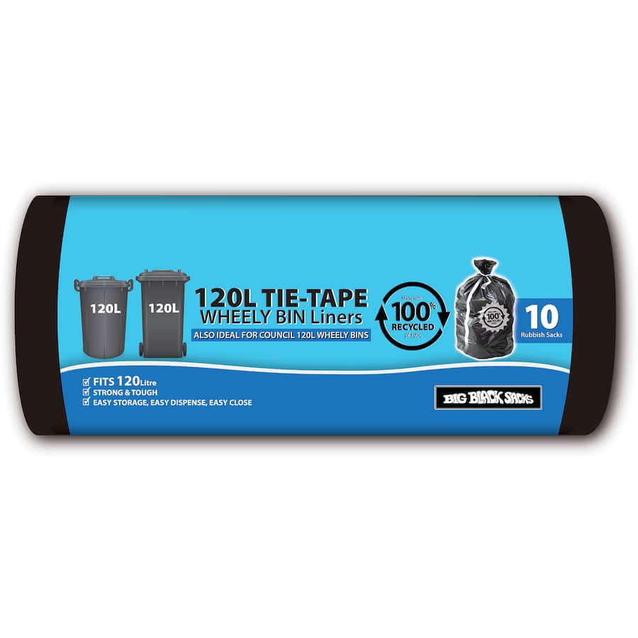 Big Black Sacks Rubbish Bags 100% Recycled Tie Tape 120L