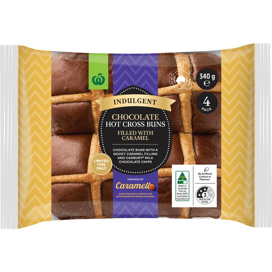 Woolworths Indulgent Hot Cross Buns Chocolate Caramel Filled