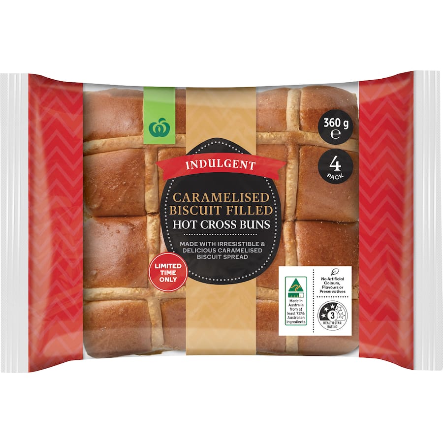 Woolworths Indulgent Hot Cross Buns Caramelised Biscuit Filled