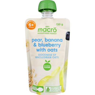 macro baby food 6+ months pear, banana & blueberry oats