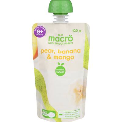 macro baby food 6+ months pear, banana & mango