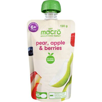macro baby food 6+ months pear, apple & berries