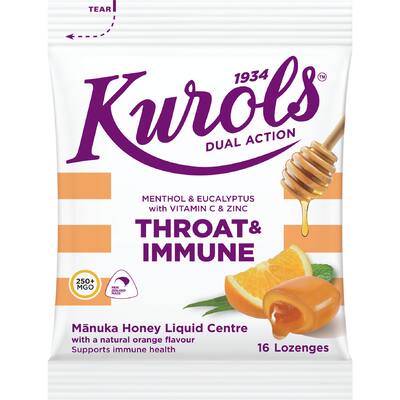 kurols throat & immune lozenges manuka honey & orange
