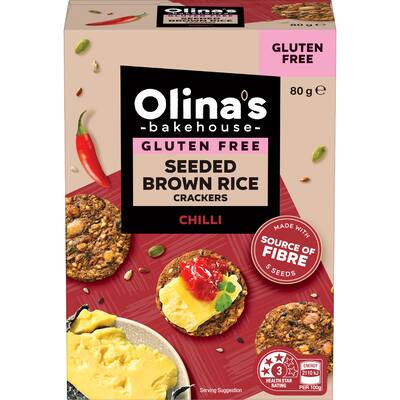 olina's bakehouse seeded brown rice crackers chilli gluten free