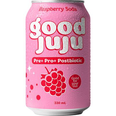 good juju pre+pro+postbiotic soft drink raspberry