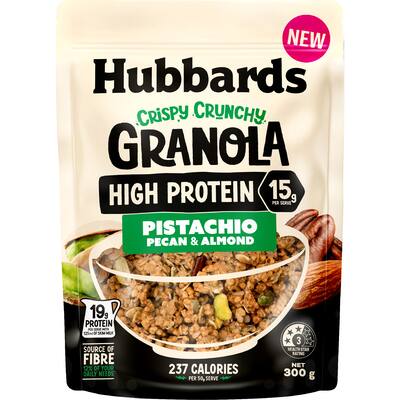 hubbards crispy crunchy high protein granola pistachio, pecan & almond