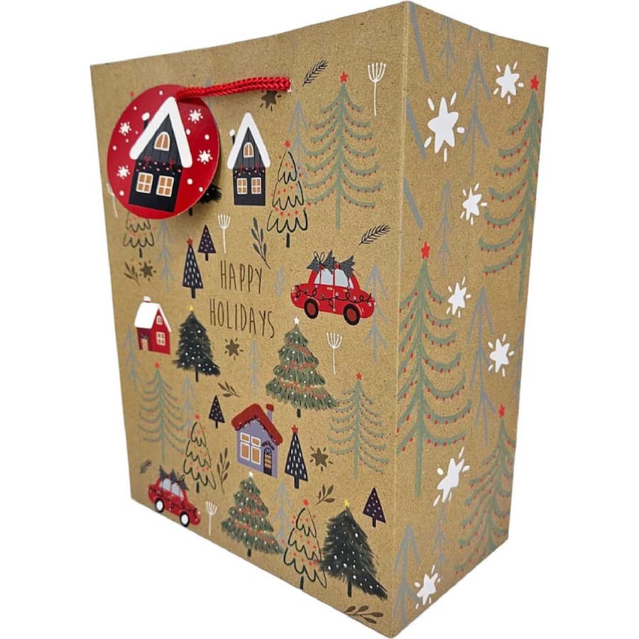 Christmas Gift Bag Medium Kraft Happy Holidays
