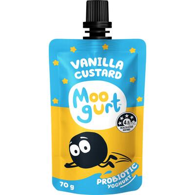 moogurt suckies kids probiotic yoghurt pouch vanilla custard