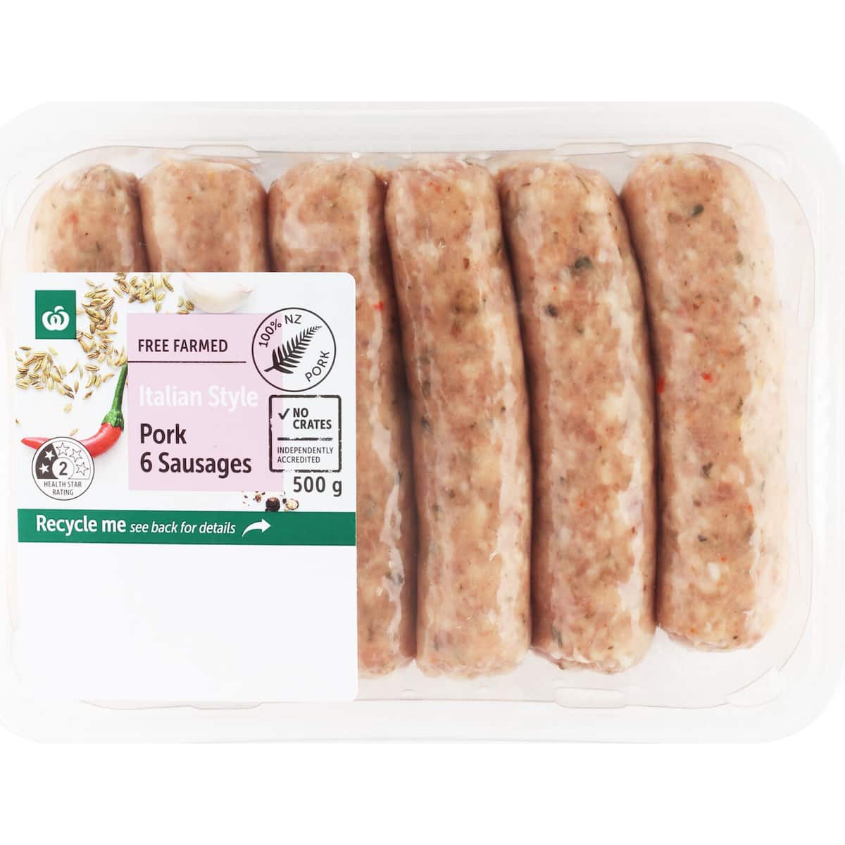 Woolworths NZ Free Farmed Pork Sausages Italian Style 500g bunch