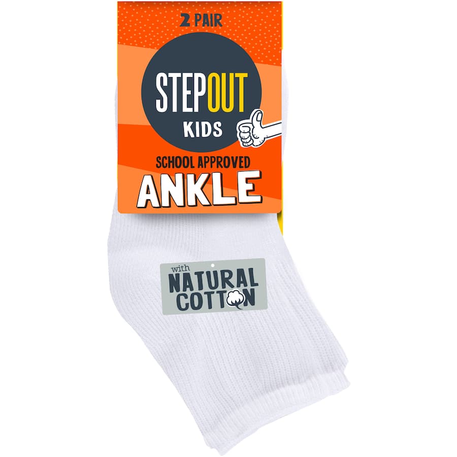 Stepout Socks White Ankle 8-10 Yrs