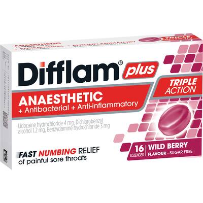 difflam plus anaesthetic sore throat wild berry lozenges