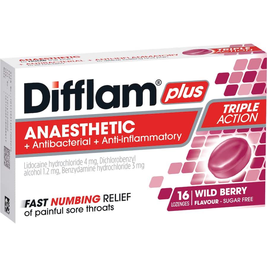 Difflam Plus Anaesthetic Sore Throat Wild Berry Lozenges