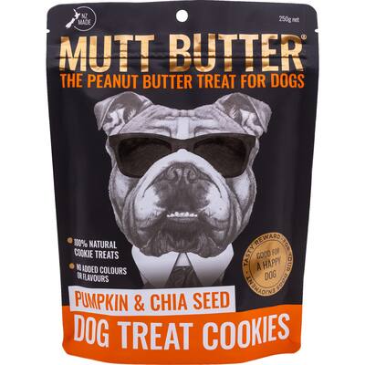 mutt butter dog treats peanut butter, pumpkin & chia