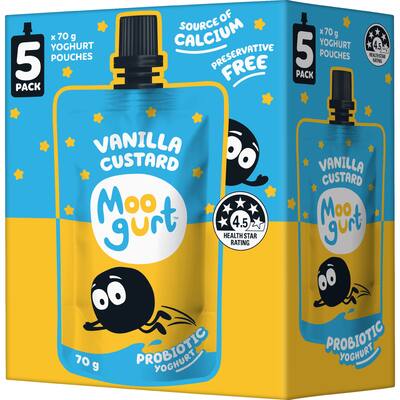 moogurt suckies kids probiotic yoghurt pouches vanilla custard
