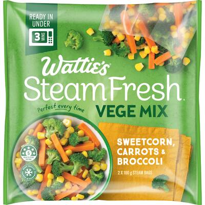 Steam fresh frozen mixed vegetables sweet corn, carrots & broccoli