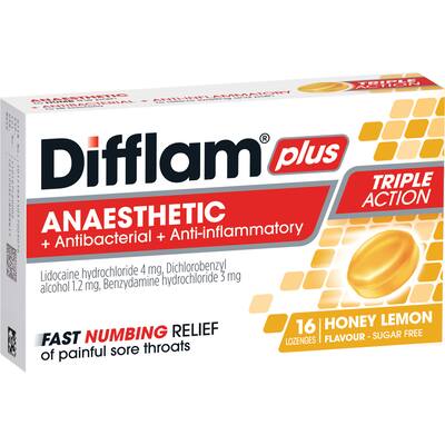 difflam plus anaesthetic sore throat honey lemon lozenges