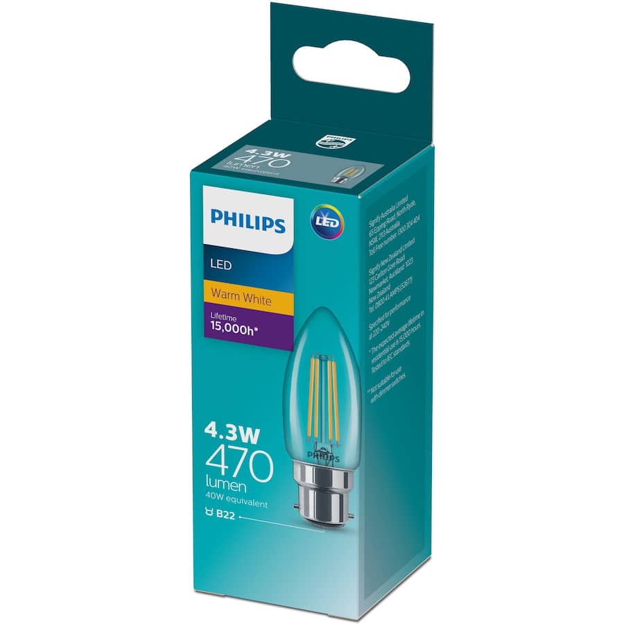 Philips Bayonet Candle Bulb Led 4.3W 470 Lumen Warm White