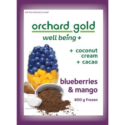 orchard gold well being + frozen mixed fruit blueberries, mango & cacao